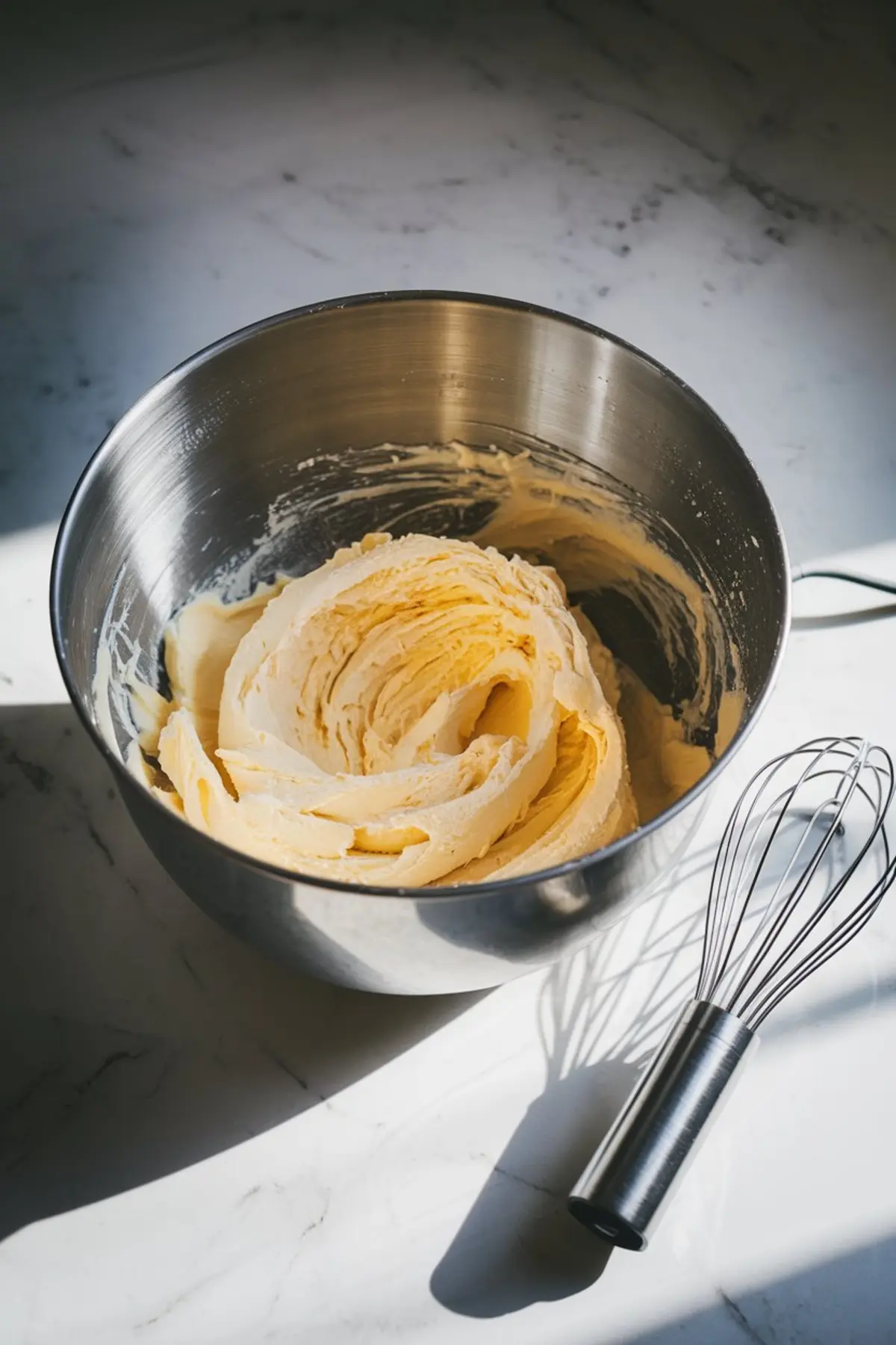 Stainless steel mixing bowl filled with smooth, whipped butter and ricotta mixture on a marble countertop, next to a metal whisk in soft natural lighting.