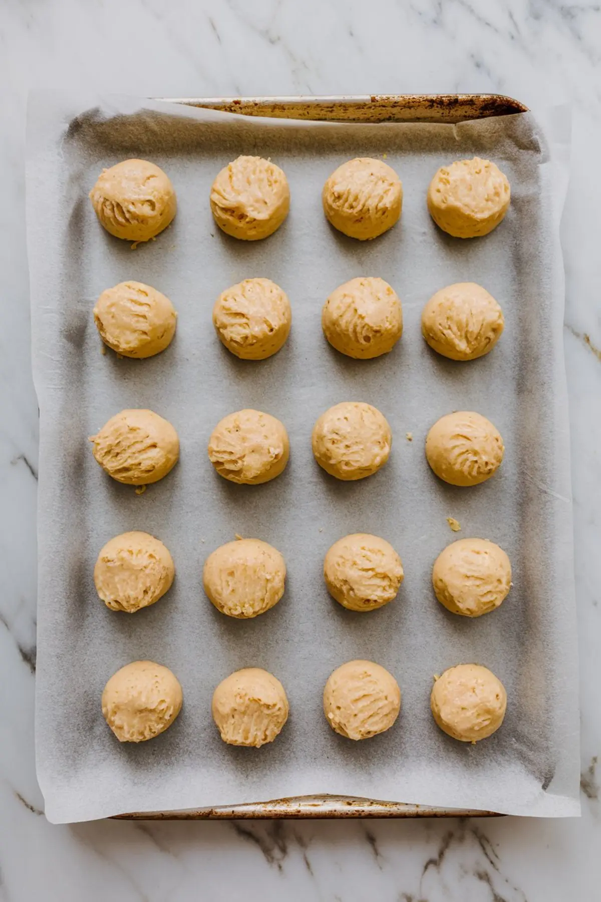 Unbaked lemon ricotta cookie dough scoops arranged in neat rows on a parchment-lined baking sheet, ready for the oven, shown on a white marble background.