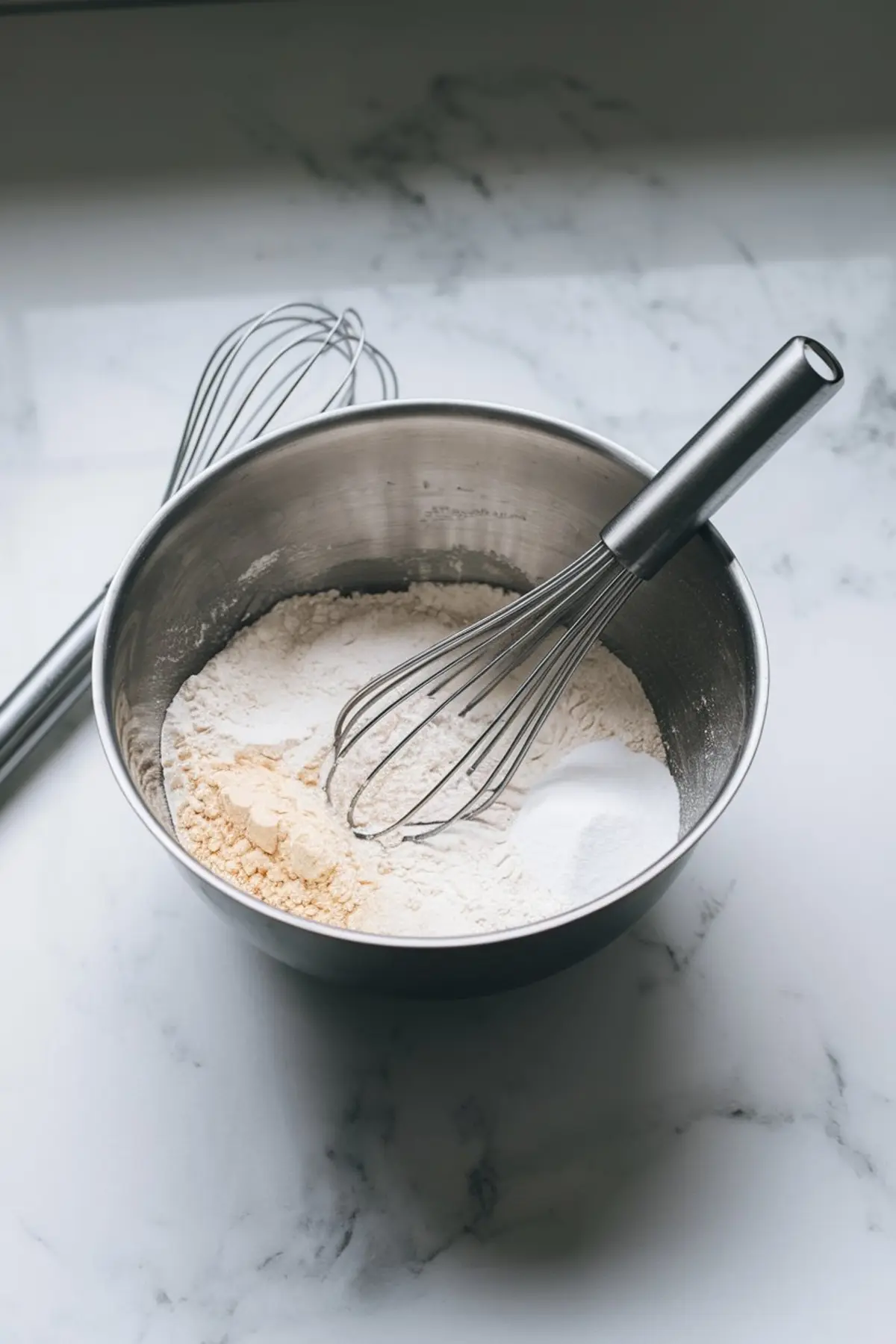 Stainless steel bowl with flour, baking powder, baking soda, and salt being whisked together, placed on a white marble surface with a second whisk nearby.