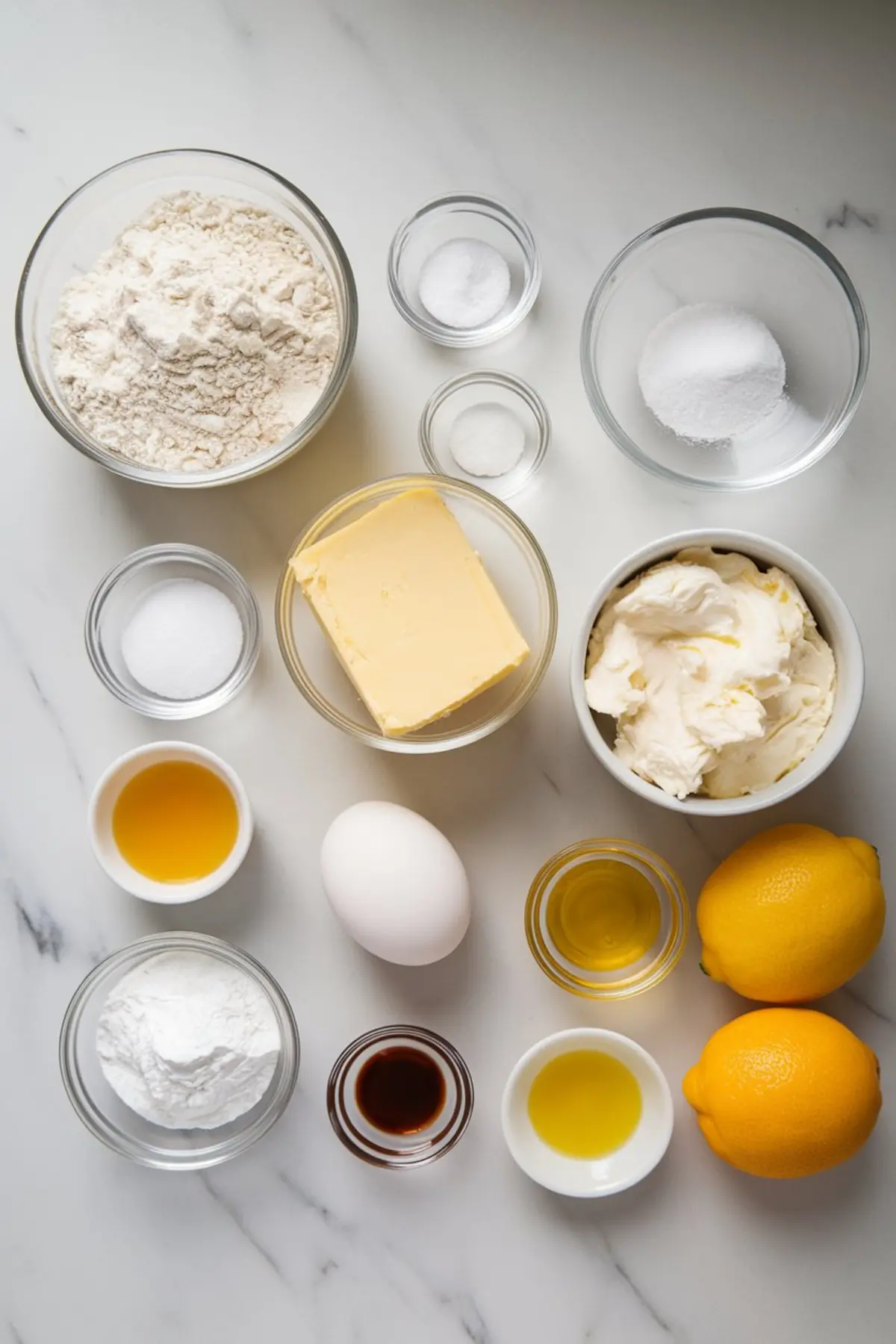 Flat lay of lemon ricotta cookie ingredients on a white marble background, including flour, sugar, butter, ricotta cheese, eggs, lemons, vanilla extract, and baking powder.