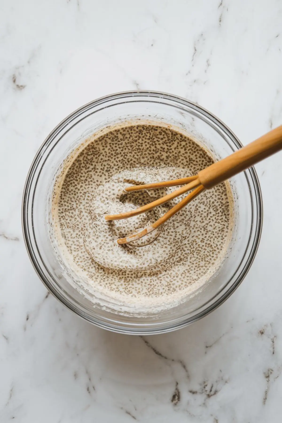 Glass bowl filled with coconut milk and chia seeds mixture being whisked with a bamboo utensil, placed on a white marble countertop.