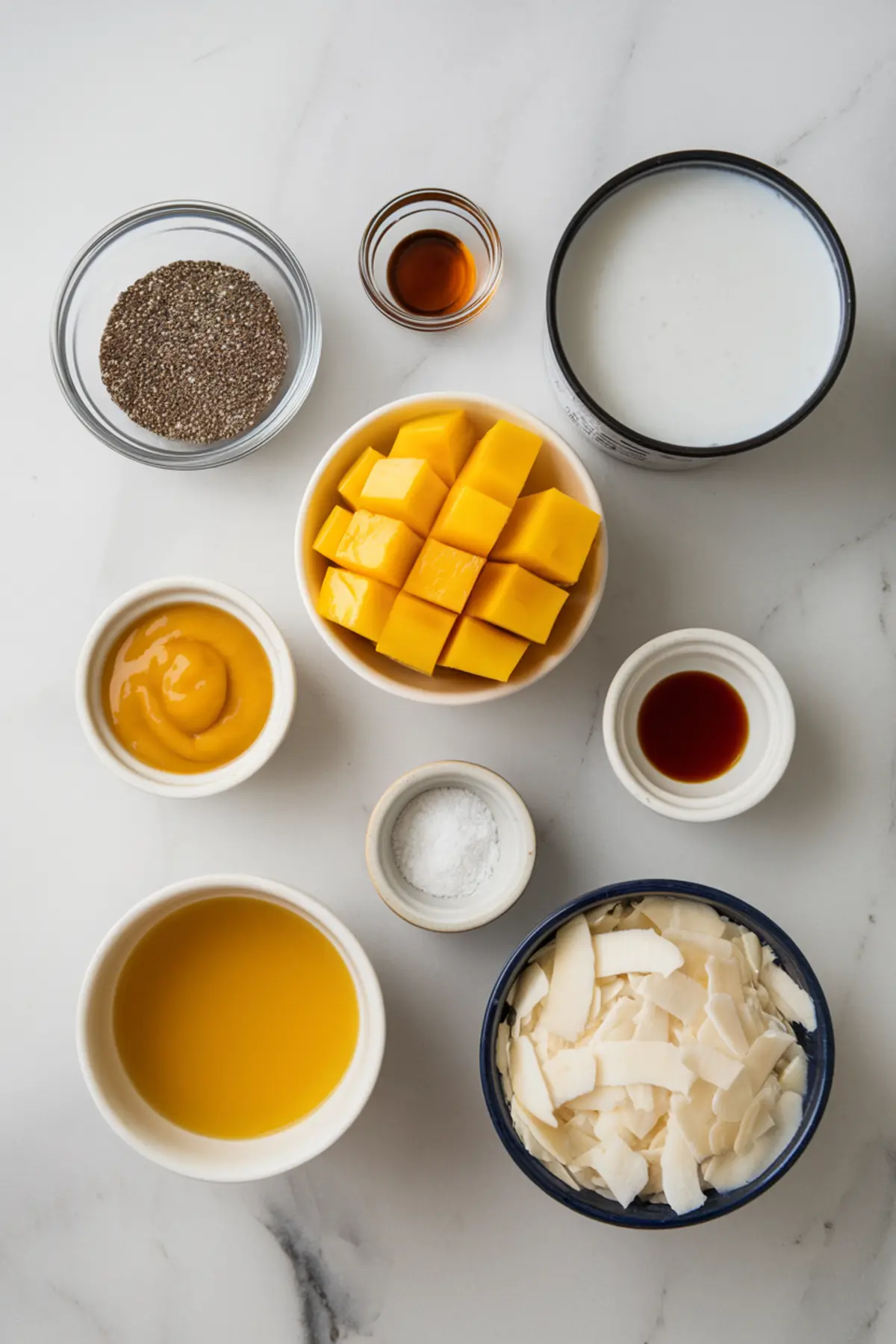 Flat lay of mango chia parfait ingredients on a marble surface, featuring cubed mango, coconut milk, chia seeds, shredded coconut, mango puree, vanilla extract, honey, salt, and a thick yellow liquid, arranged in small bowls.