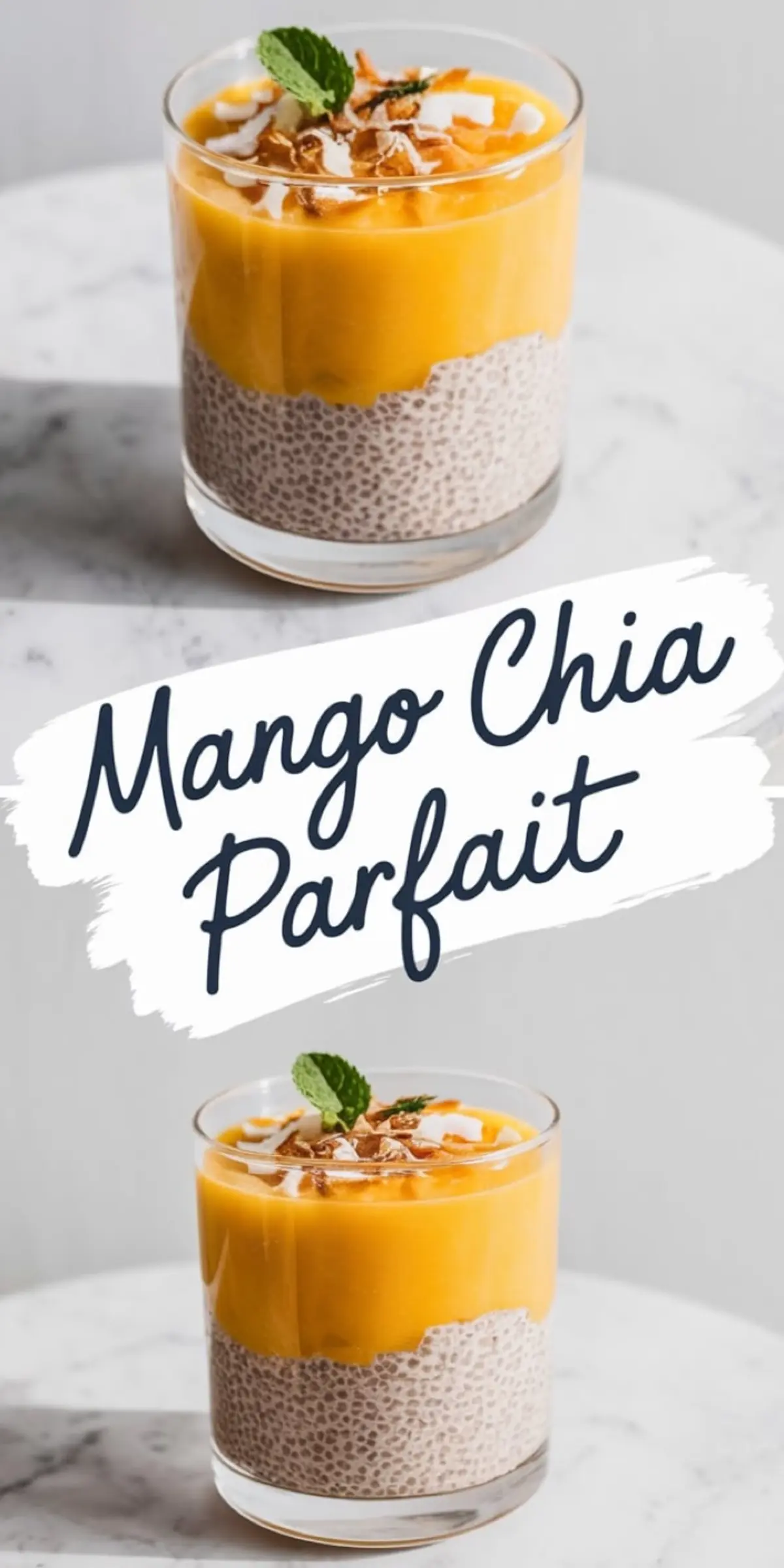 Tall collage with two identical mango chia parfaits in clear glasses, layered with creamy chia pudding and smooth mango puree, topped with toasted coconut flakes, granola, and mint leaves, with “Mango Chia Parfait” in a bold brushstroke font.