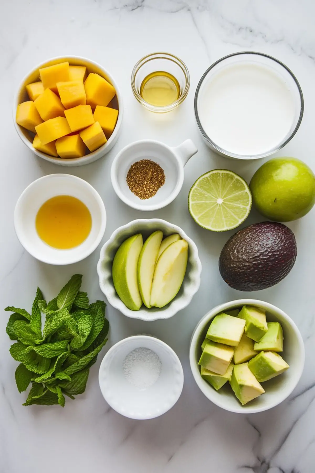 Flat lay of fresh ingredients for mango Tajín popsicles on a marble background, including cubed mango, avocado chunks, green apple slices, lime, mint leaves, coconut milk, honey, Tajín seasoning, and salt arranged in small bowls and cups.