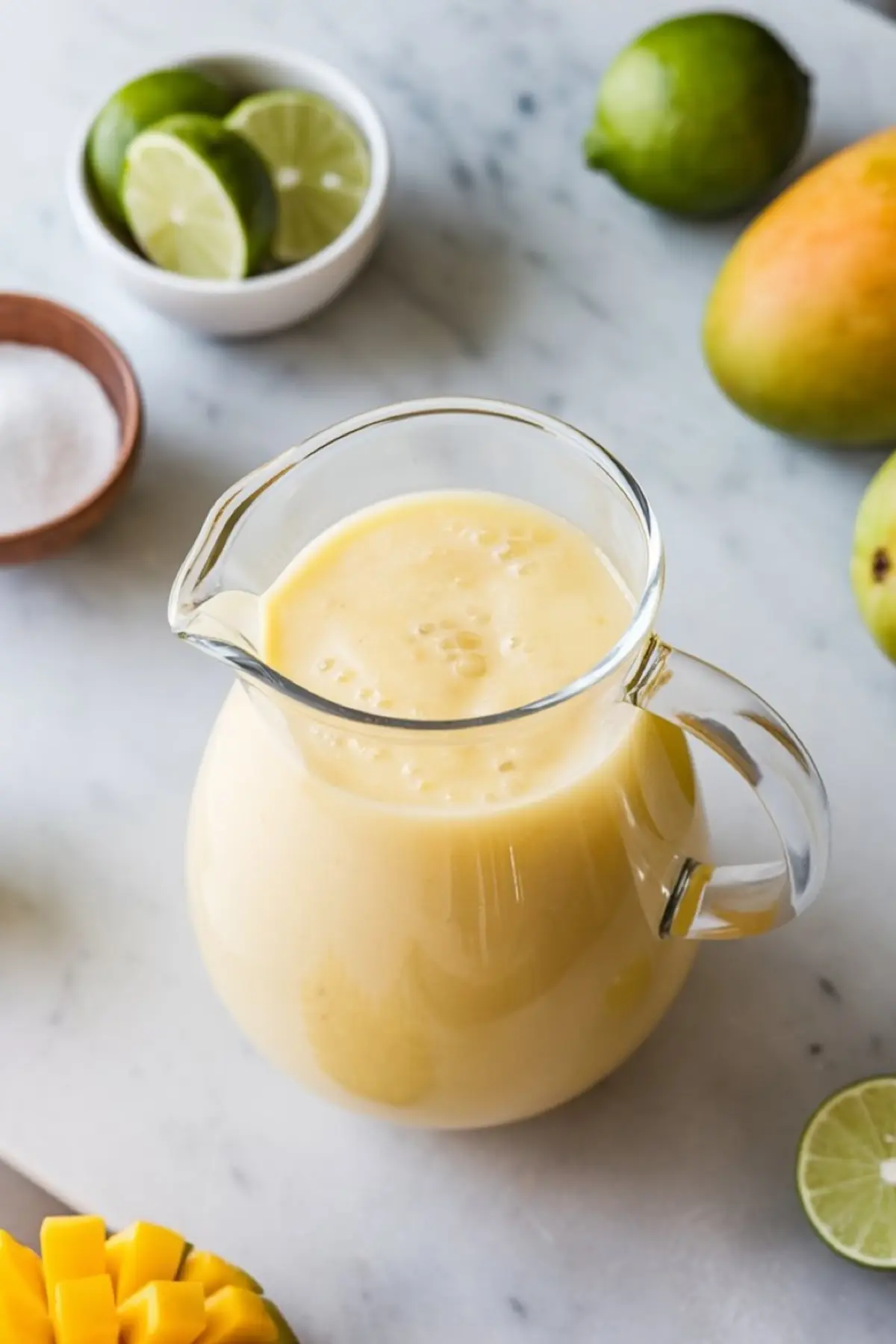 Glass pitcher filled with a smooth, pale yellow mango mixture placed on a marble surface, surrounded by halved limes, a whole mango, and a bowl of salt, suggesting the blended base for mango Tajín popsicles.