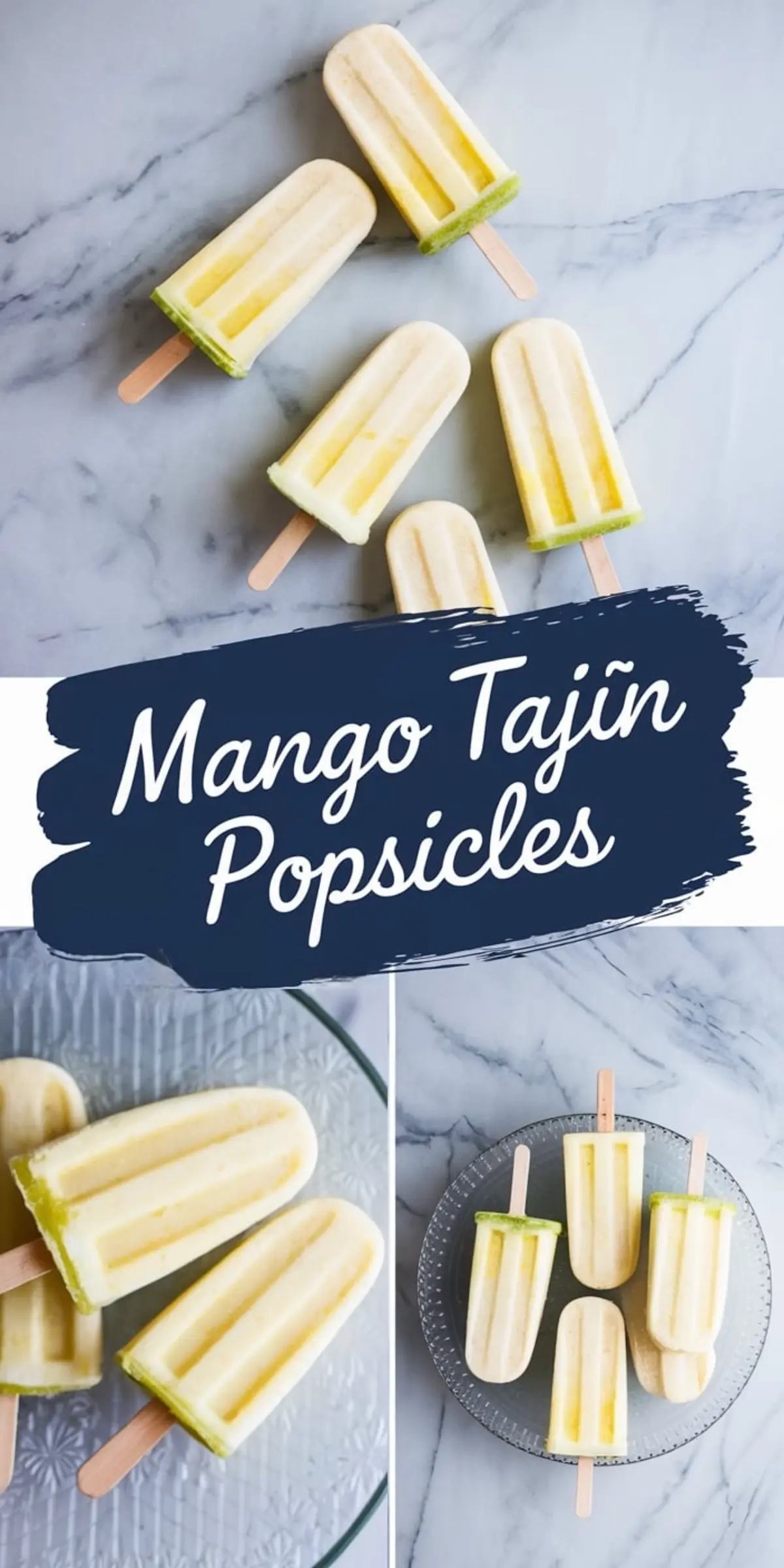 Collage showing mango Tajín popsicles arranged on a marble background and served on a clear glass plate. Popsicles display a distinct creamy mango section and a vibrant green bottom layer.