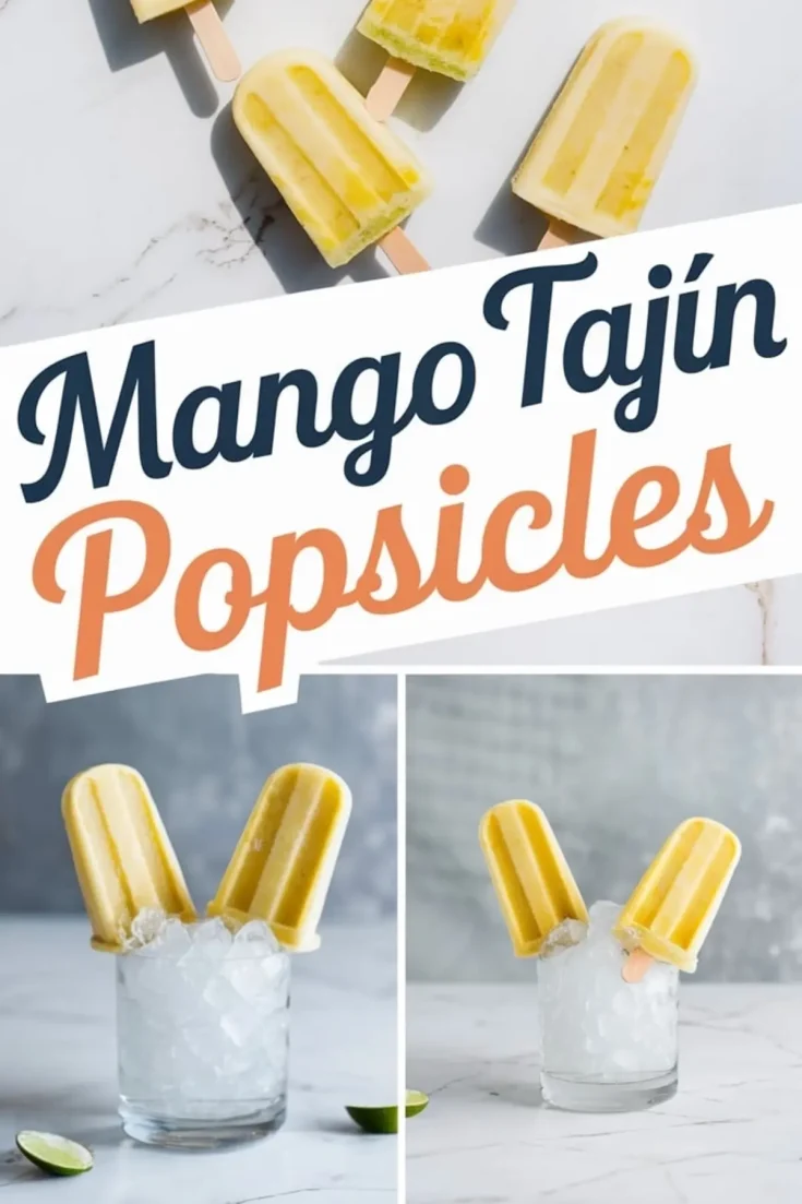Collage of mango Tajín popsicles styled on a marble surface and placed in ice-filled glasses. Decorative text reads “Mango Tajín Popsicles,” emphasizing the frozen dessert’s tropical flavor and spicy twist.