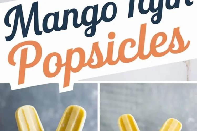 Collage of mango Tajín popsicles styled on a marble surface and placed in ice-filled glasses. Decorative text reads “Mango Tajín Popsicles,” emphasizing the frozen dessert’s tropical flavor and spicy twist.