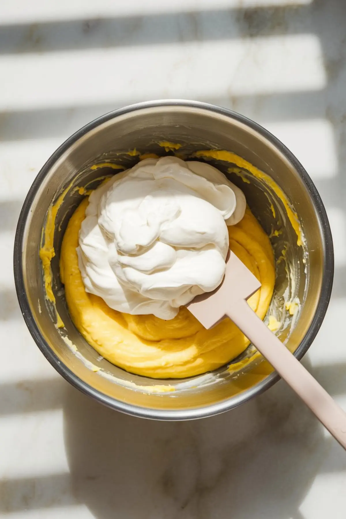 Mixing bowl with yellow cake batter and a generous scoop of whipped egg whites being folded in with a pink spatula. Sunlight casts soft shadows on the marble surface beneath.