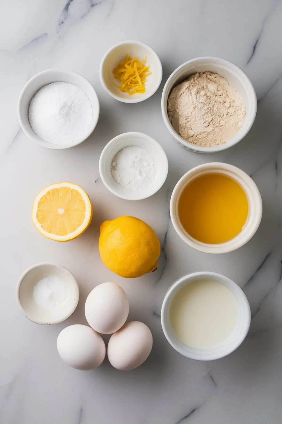 Flat lay of Meyer lemon pudding cake ingredients on a marble surface, including lemons, flour, sugar, eggs, milk, butter, lemon zest, and baking powder arranged in small bowls.