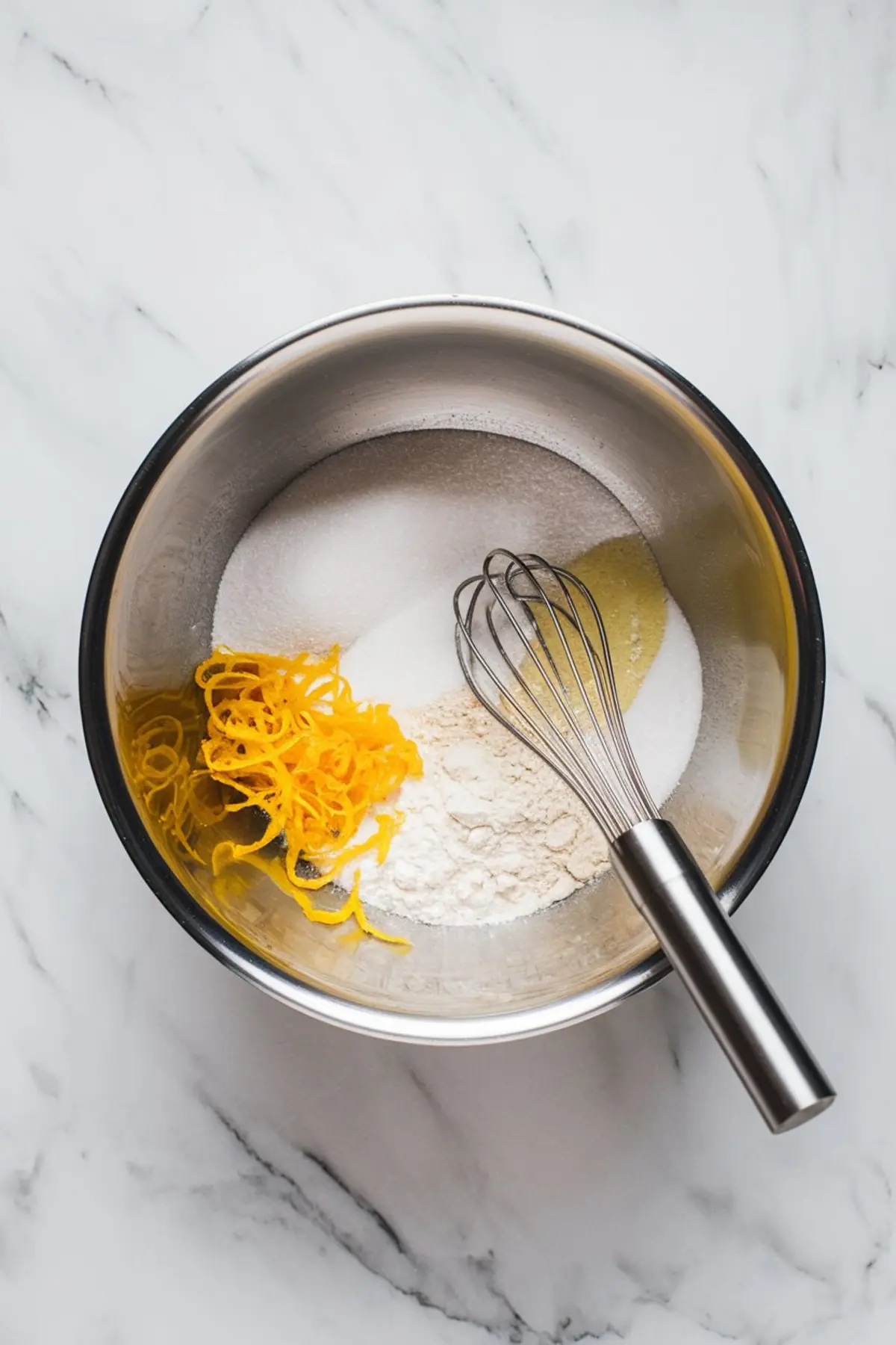 Stainless steel mixing bowl with lemon zest, granulated sugar, flour, and egg yolk, alongside a metal whisk. Ingredients are ready to be mixed for Meyer lemon pudding cake.