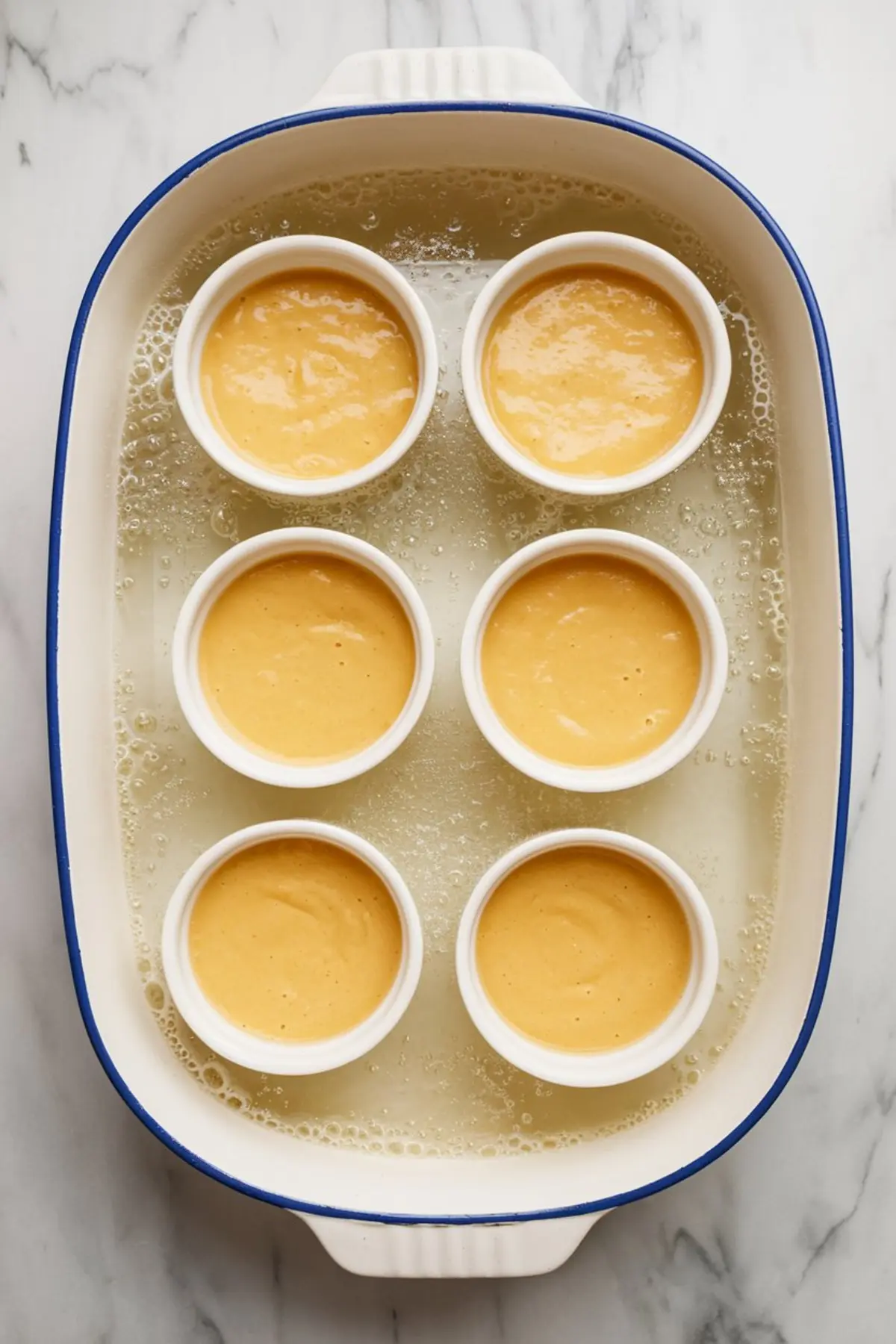 Overhead view of six unbaked Meyer lemon pudding cakes in white ramekins arranged in a large water bath baking dish. The smooth yellow batter sits in the ramekins on a marble countertop.