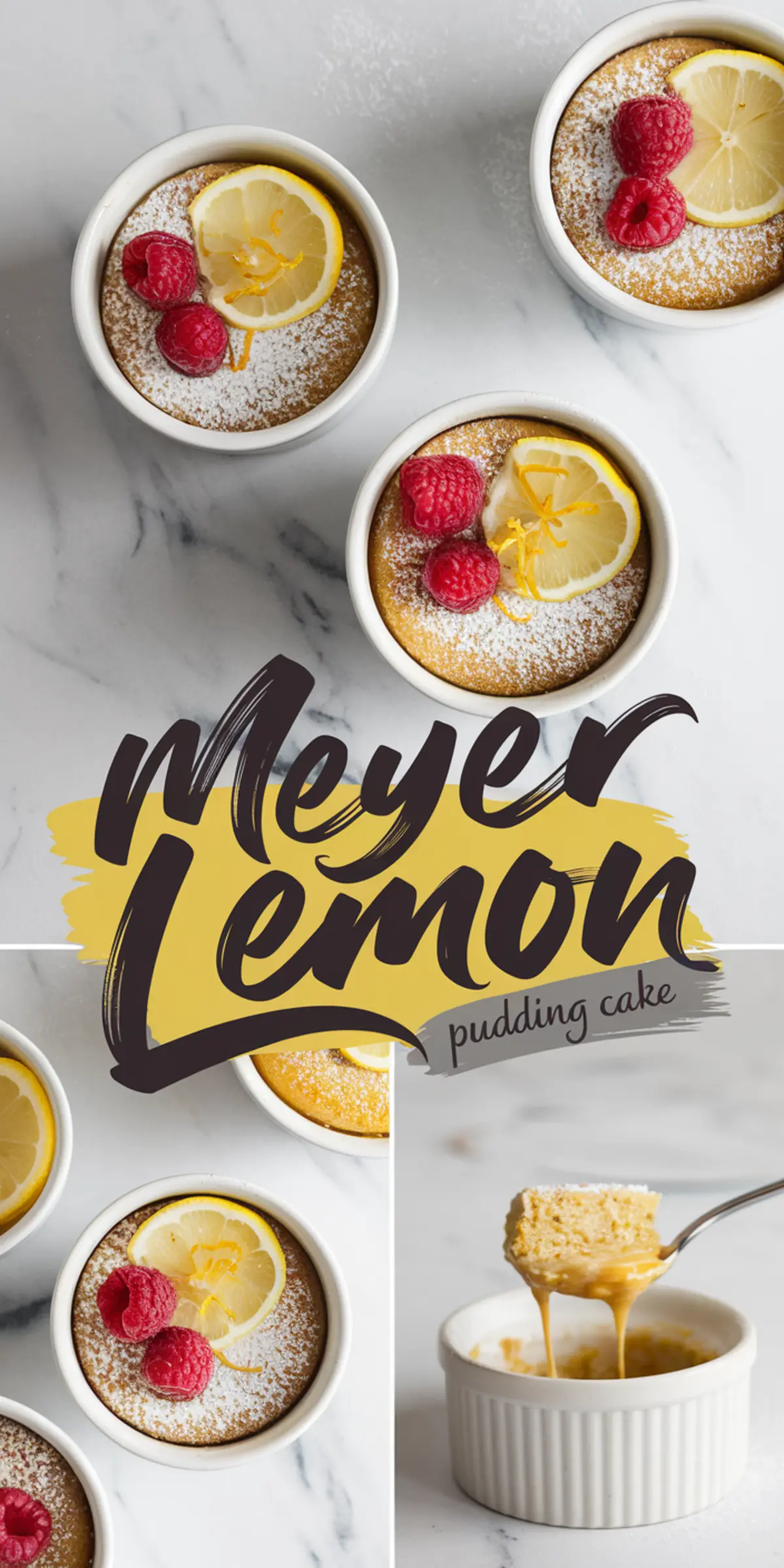 Collage of Meyer lemon pudding cakes served in white ramekins, topped with powdered sugar, raspberries, and lemon slices. One ramekin has a spoon lifting a bite of the moist cake with a gooey lemon center. Bold text “Meyer Lemon Pudding Cake” is overlaid on the image.