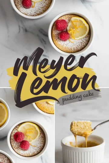 Collage showing Meyer lemon pudding cake in white ramekins, garnished with fresh raspberries, powdered sugar, lemon slices, and lemon zest. One image shows a spoon lifting the soft, golden cake with a creamy layer. Text overlay reads “Meyer Lemon Pudding Cake” on a marble background.