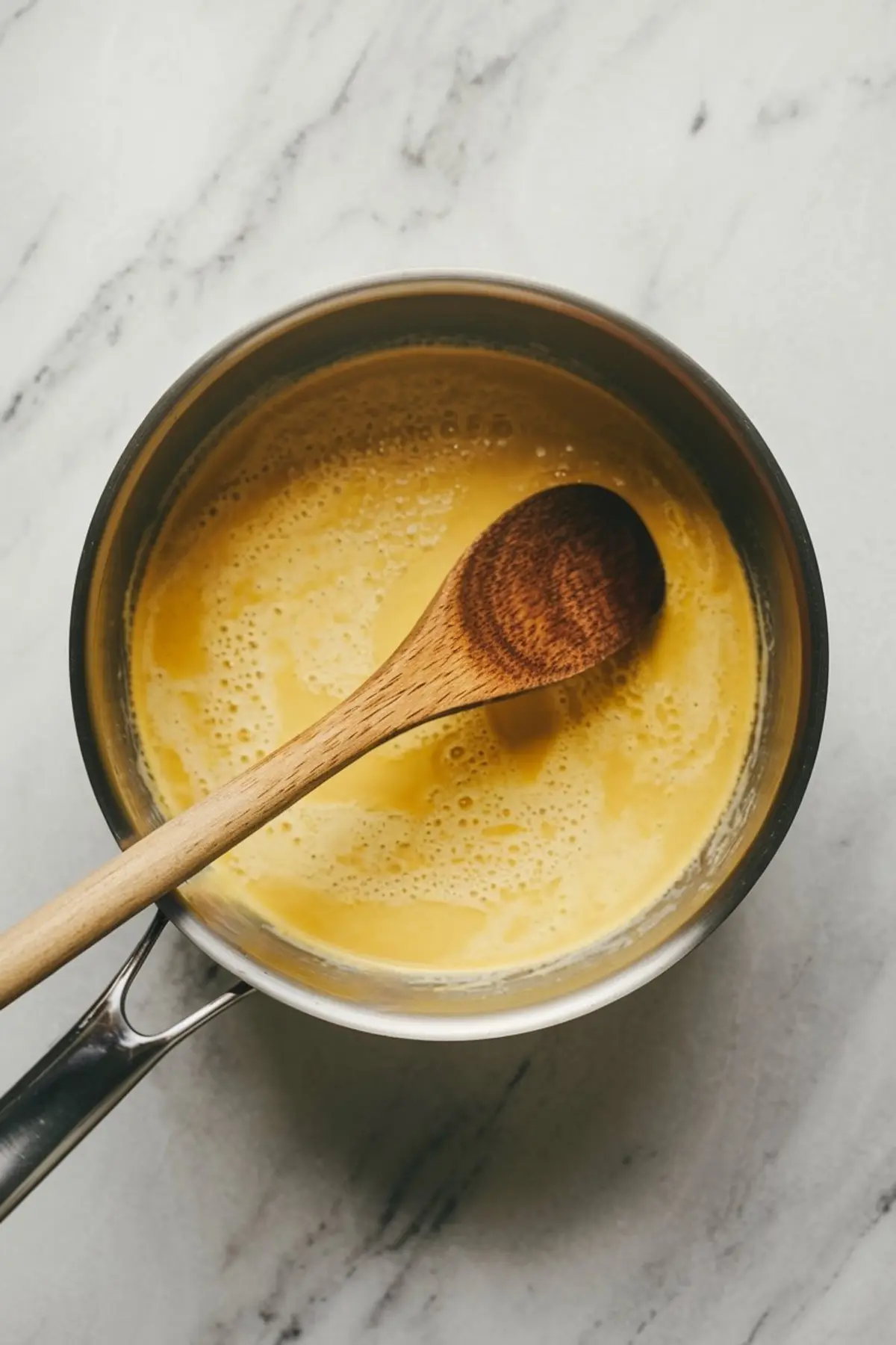 Stainless steel saucepan filled with thick yellow custard being stirred with a wooden spoon on a white marble surface, showing early stages of ice cream base preparation.