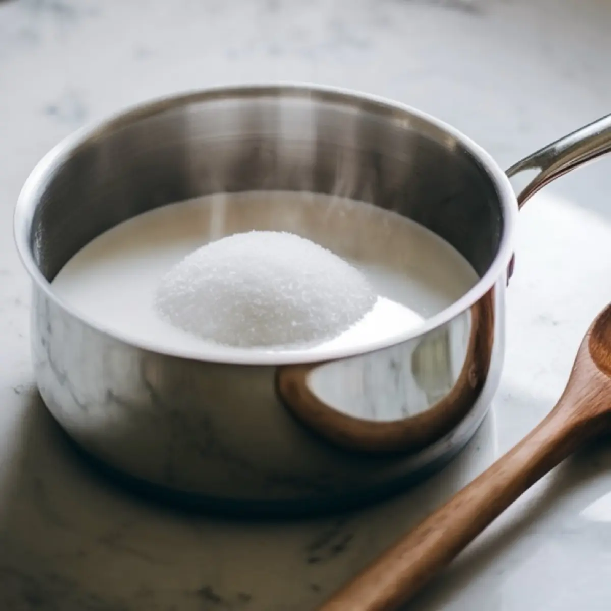 Saucepan of milk with a mound of granulated sugar in the center, steaming gently on a marble counter beside a wooden spoon, showing the sugar dissolving step for ice cream base.