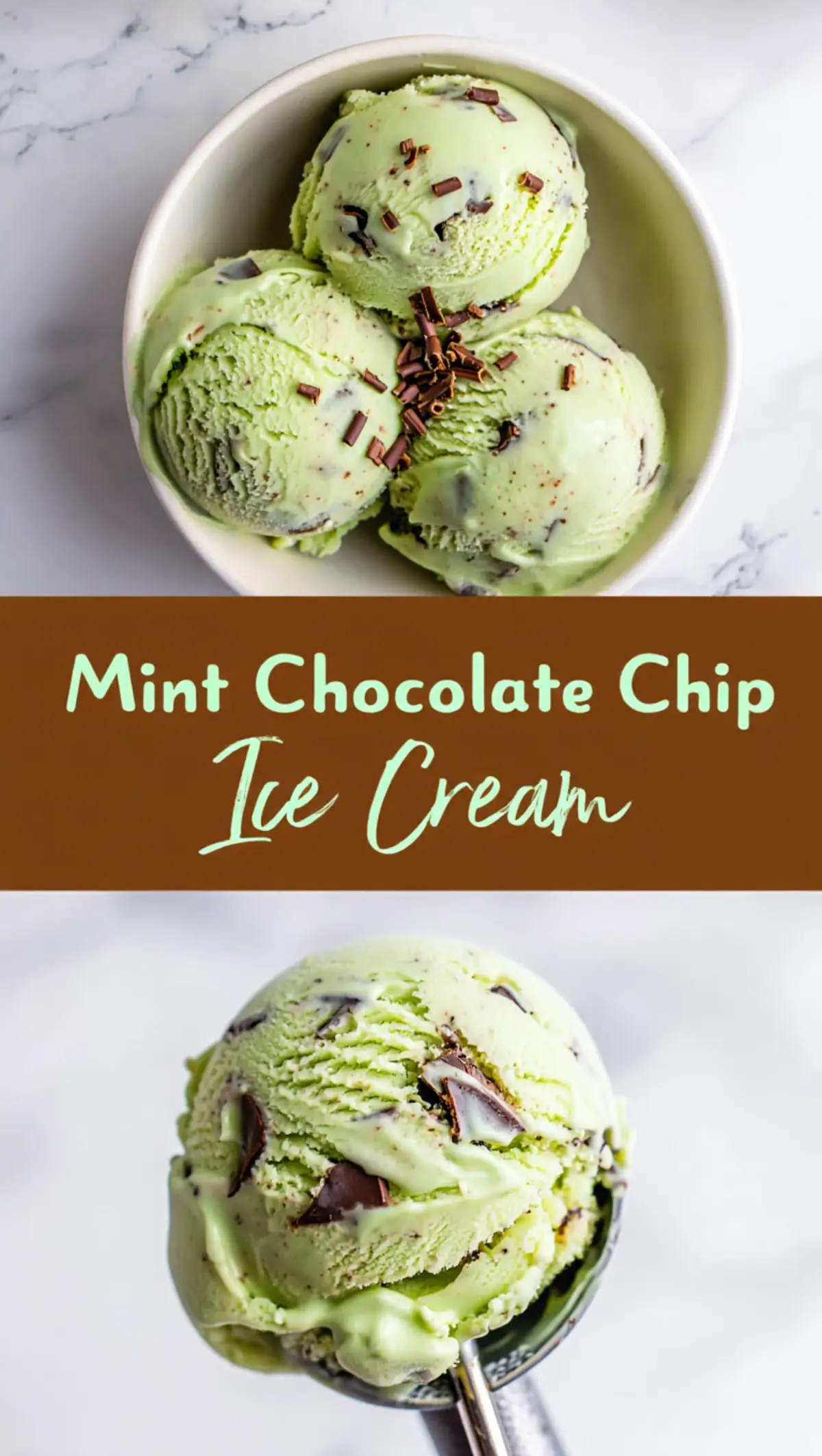 Collage image showing scoops of mint chocolate chip ice cream in a white bowl topped with chocolate shavings, and a close-up of a scoop with visible chocolate chunks, both on marble background.