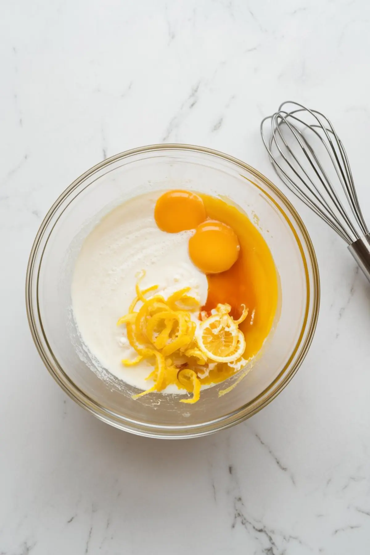 Glass mixing bowl filled with lemon pie ingredients, including egg yolks, sour cream, and fresh lemon zest, on a white marble countertop next to a metal whisk.