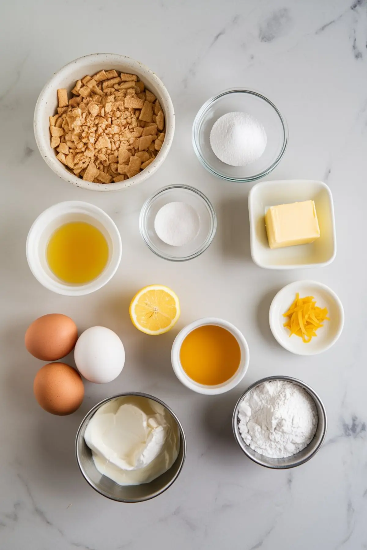 Flat lay of North Carolina lemon pie ingredients arranged on a white countertop, including crushed graham crackers, eggs, lemon juice, sugar, butter, sour cream, and flour.