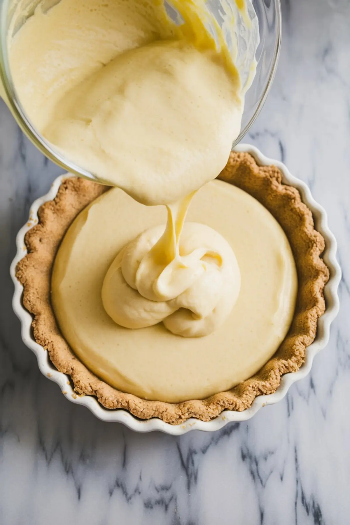 Creamy lemon filling being poured from a glass bowl into a graham cracker crust for a North Carolina lemon pie on a gray marble surface.