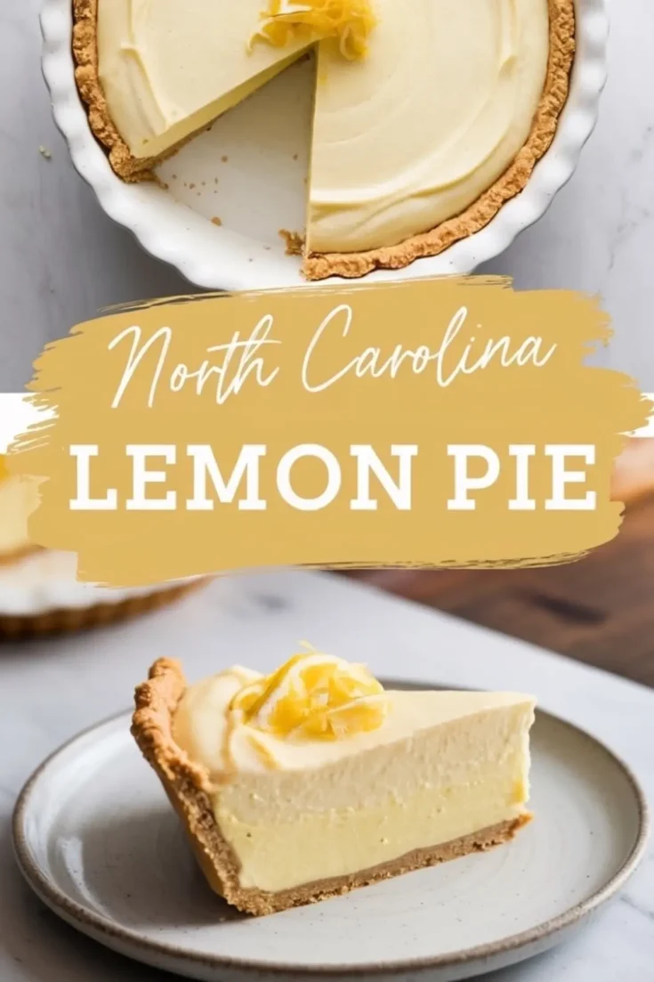 Slice of North Carolina lemon pie topped with lemon zest on a ceramic plate, with the full pie in a white dish in the background and text overlay reading “North Carolina Lemon Pie.”