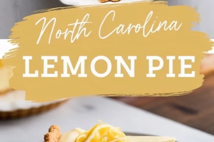 Slice of North Carolina lemon pie topped with lemon zest on a ceramic plate, with the full pie in a white dish in the background and text overlay reading “North Carolina Lemon Pie.”