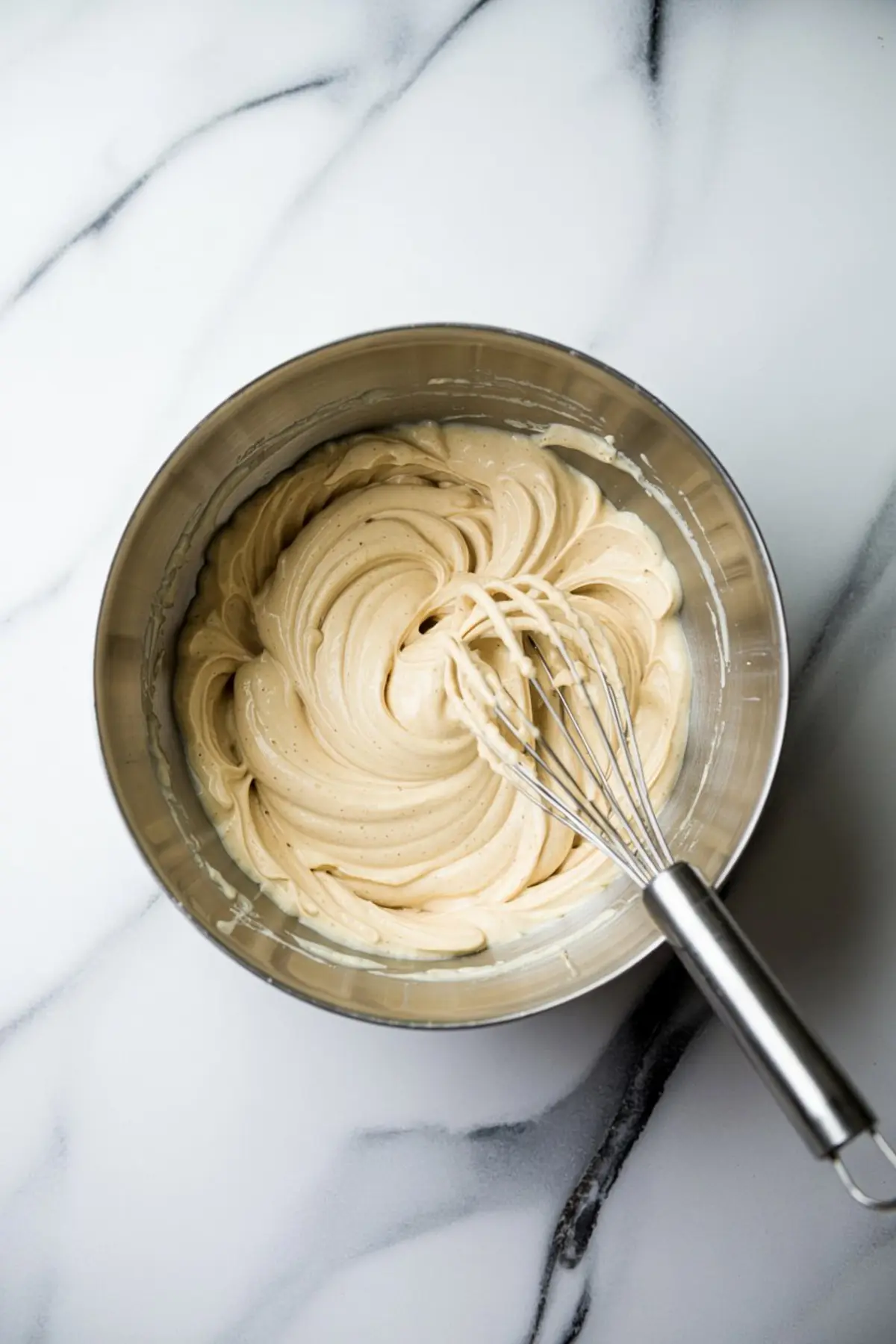 Metal mixing bowl containing whipped cream cheese and vanilla filling with a hand whisk resting inside, set on a marble surface under soft lighting.