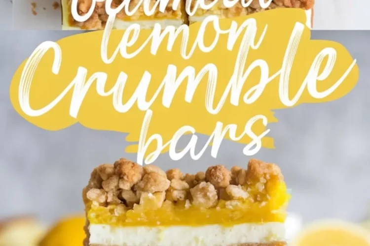 Collage of oatmeal lemon crumble bars with a top-down view and stacked side view, highlighting buttery oat topping, lemon curd layer, and creamy middle on a chewy base.