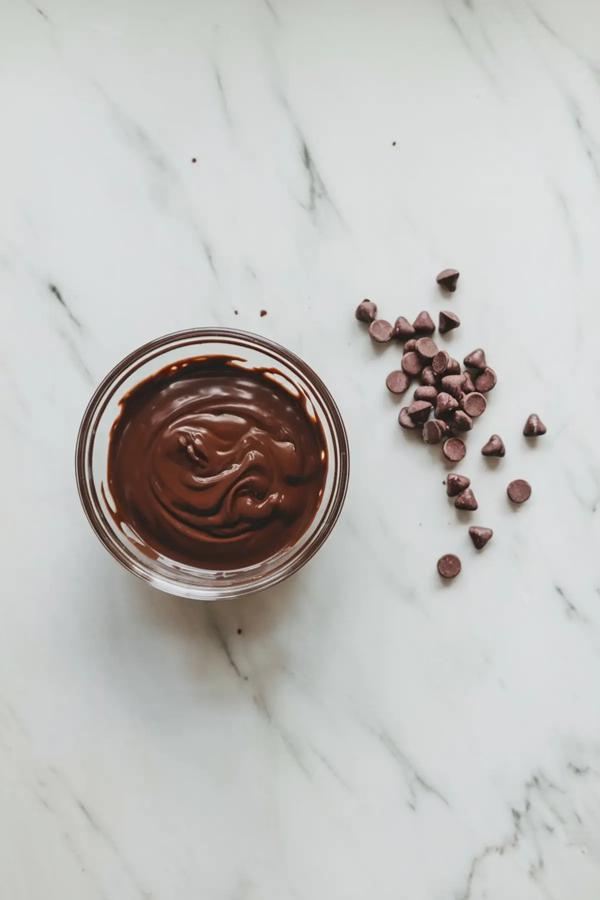 Glass bowl filled with melted chocolate surrounded by scattered chocolate chips on a marble surface.
