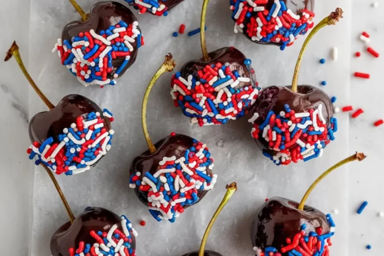 Chocolate-dipped cherries rolled in red, white, and blue sprinkles, drying on a sheet of parchment paper.