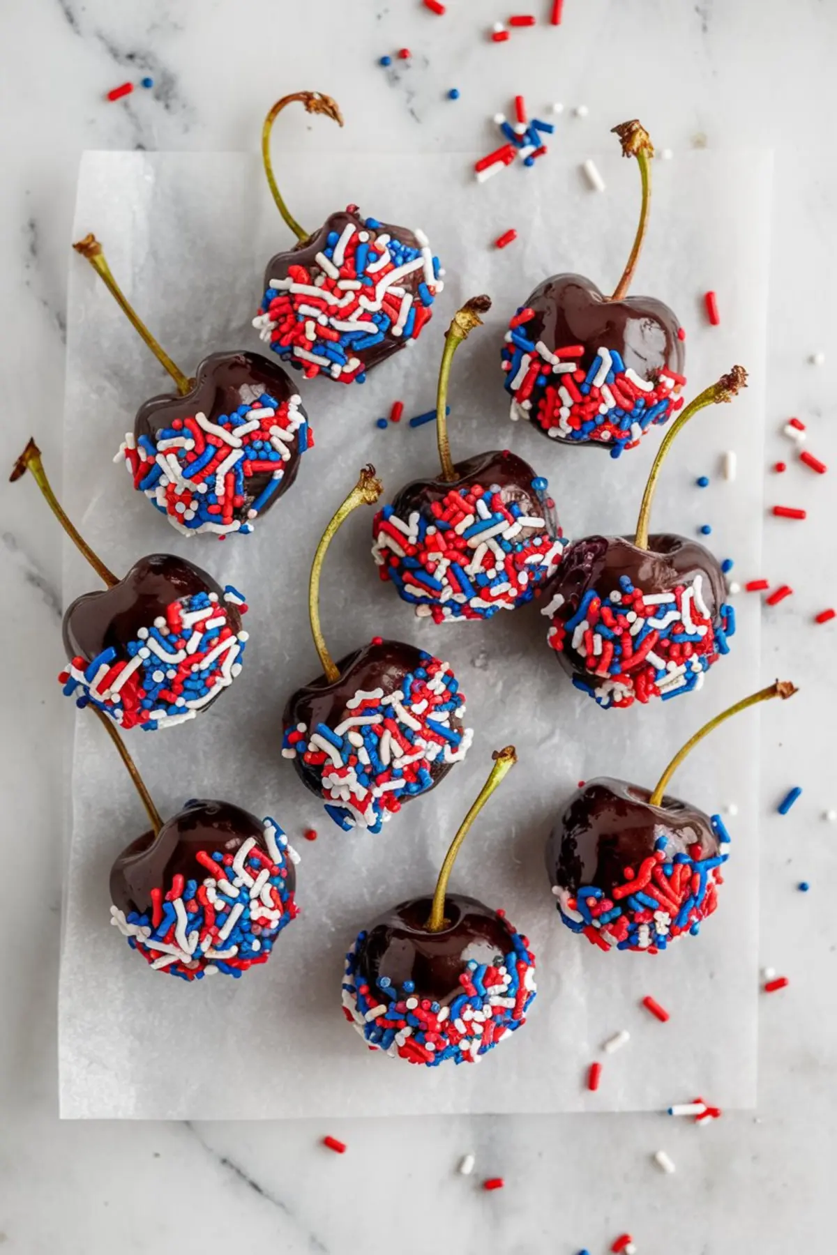 Chocolate-dipped cherries rolled in red, white, and blue sprinkles, drying on a sheet of parchment paper.
