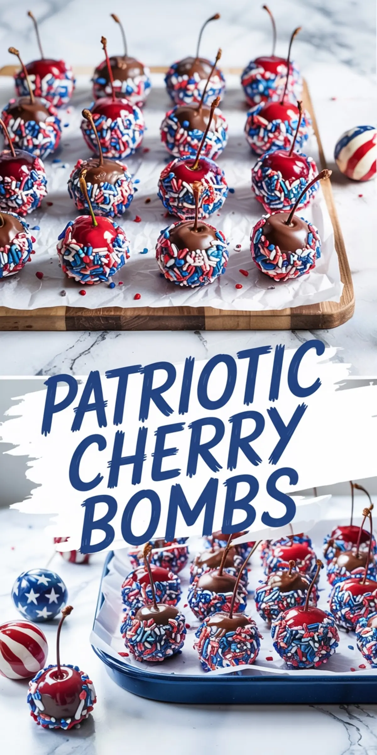 Patriotic cherry bombs coated with colorful sprinkles and chocolate, arranged on wooden and ceramic trays with Fourth of July decorations.
