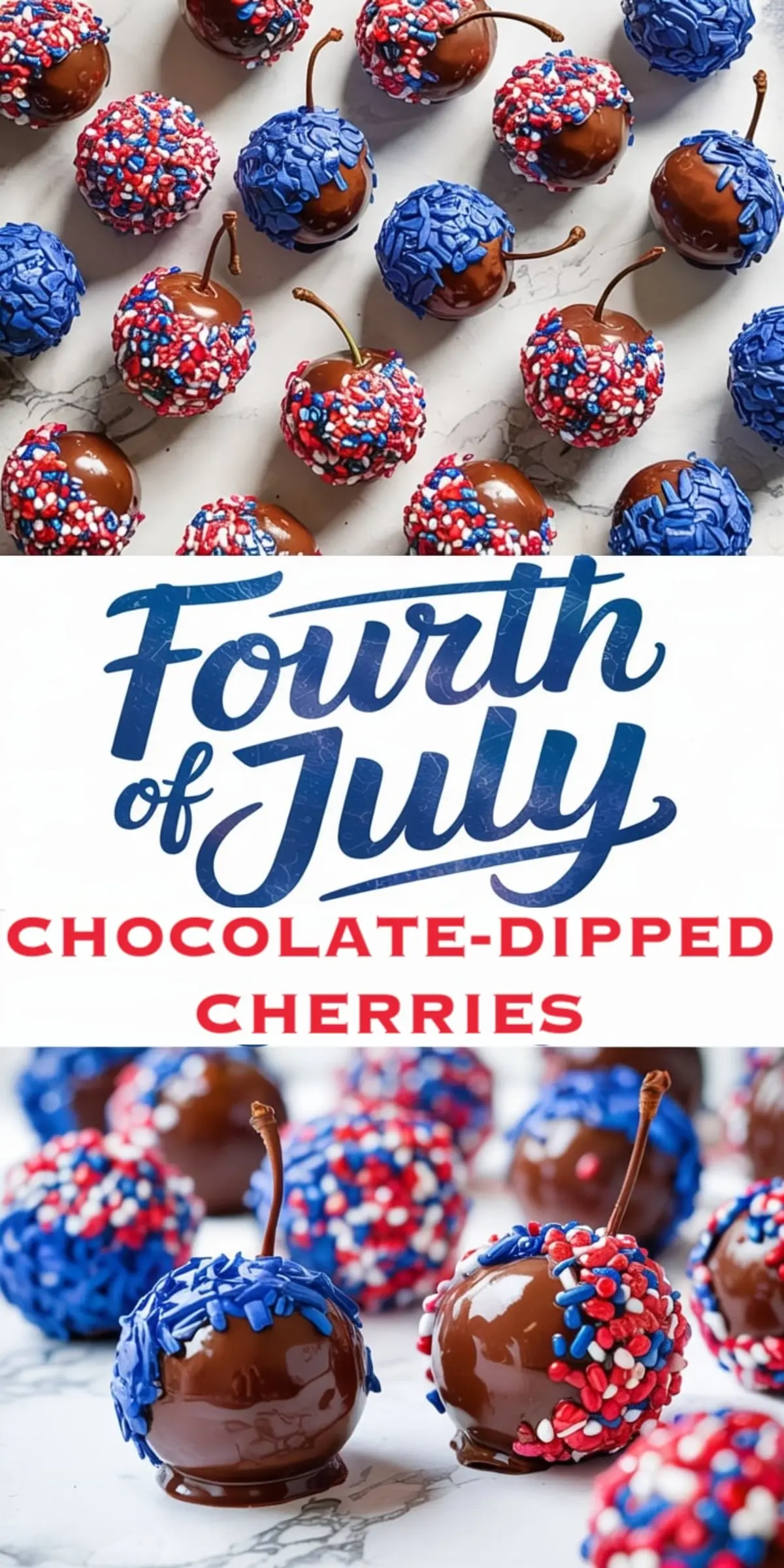 Chocolate-dipped cherries decorated with vibrant red, white, and blue sprinkles and blue candy coating, styled for Fourth of July celebrations on a white marble surface.

