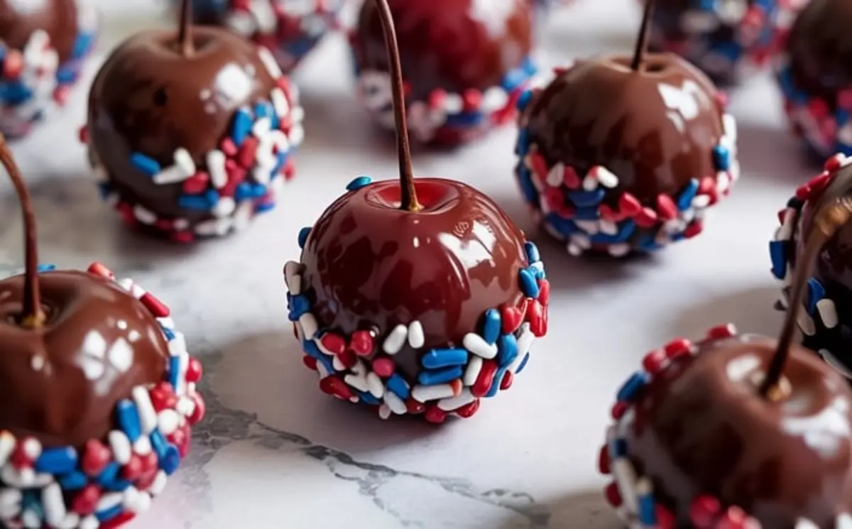 Close-up view of chocolate-covered cherries coated with patriotic red, white, and blue sprinkles, displayed on a marble surface.
