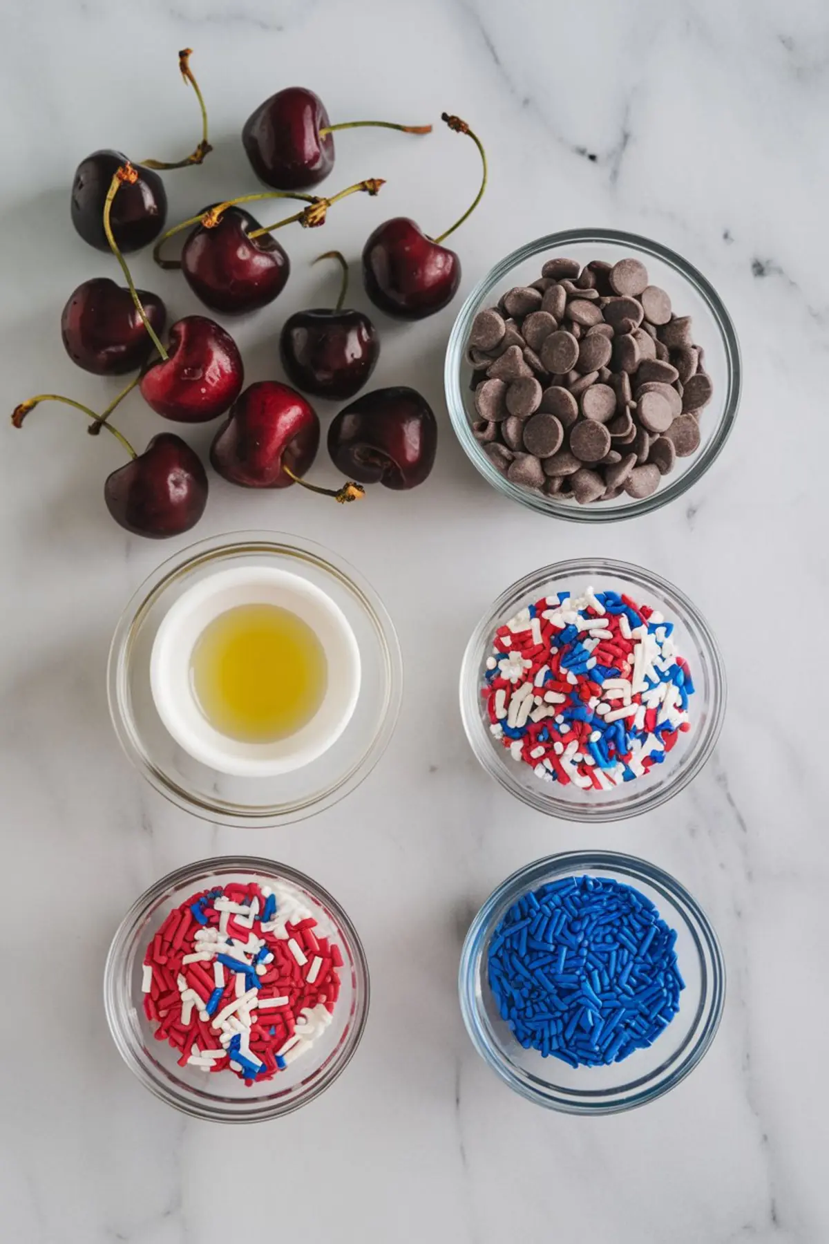 Flat lay of cherries, chocolate chips, coconut oil, and bowls of red, white, and blue sprinkles, arranged for making festive chocolate-dipped cherries.
