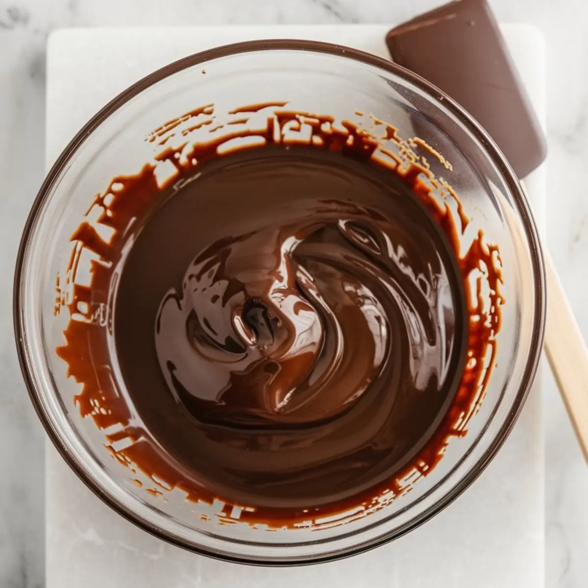 Bowl of rich melted chocolate with a spatula on a marble surface, prepared for making chocolate tartlet shells.