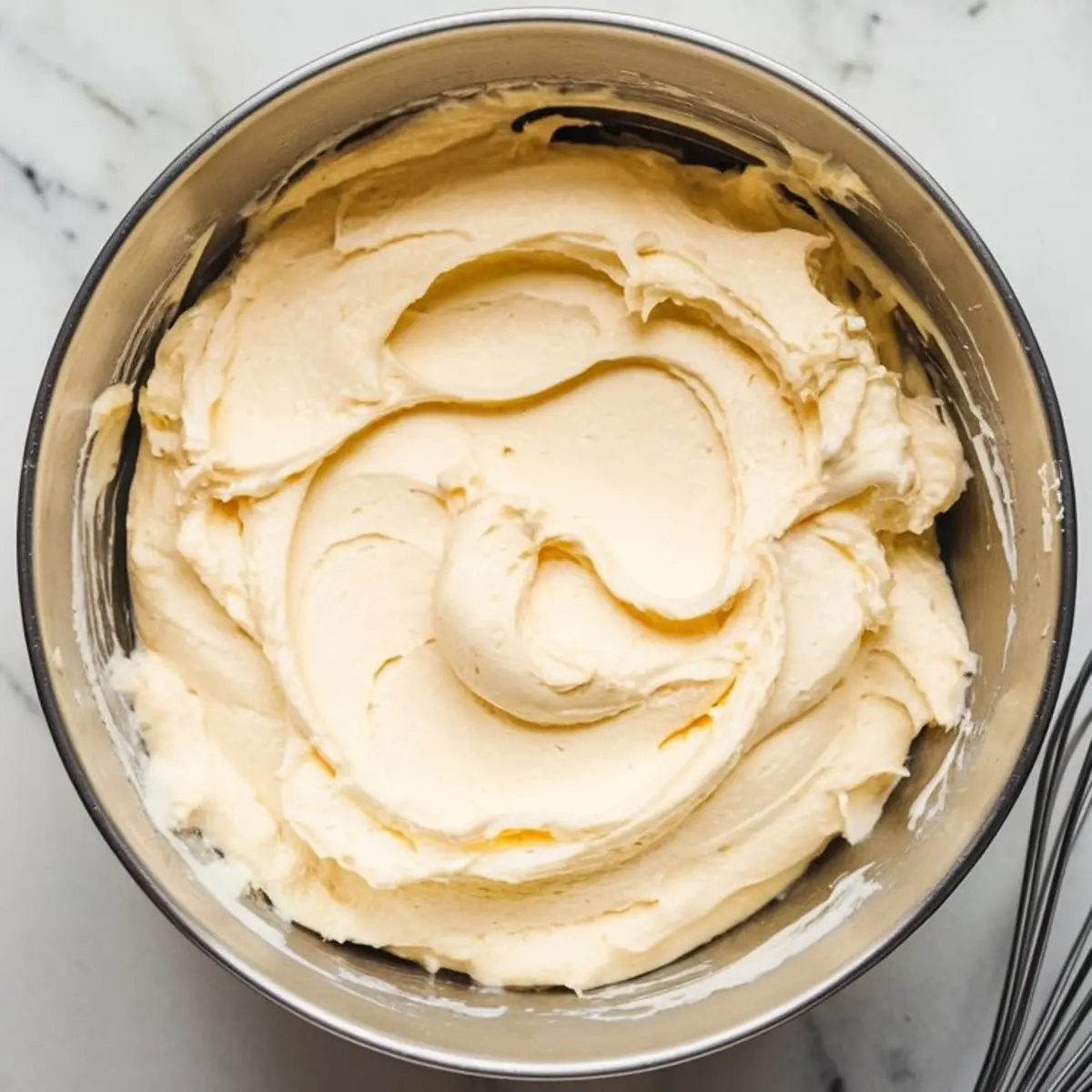 Metal mixing bowl filled with smooth, whipped vanilla cream cheese filling for chocolate tartlets, captured on a marble countertop.