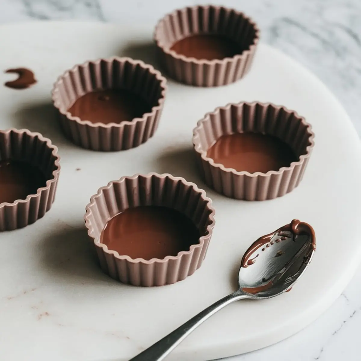 Chocolate tart shells being formed in silicone molds with a spoon beside them, set on a round white cutting board over marble.