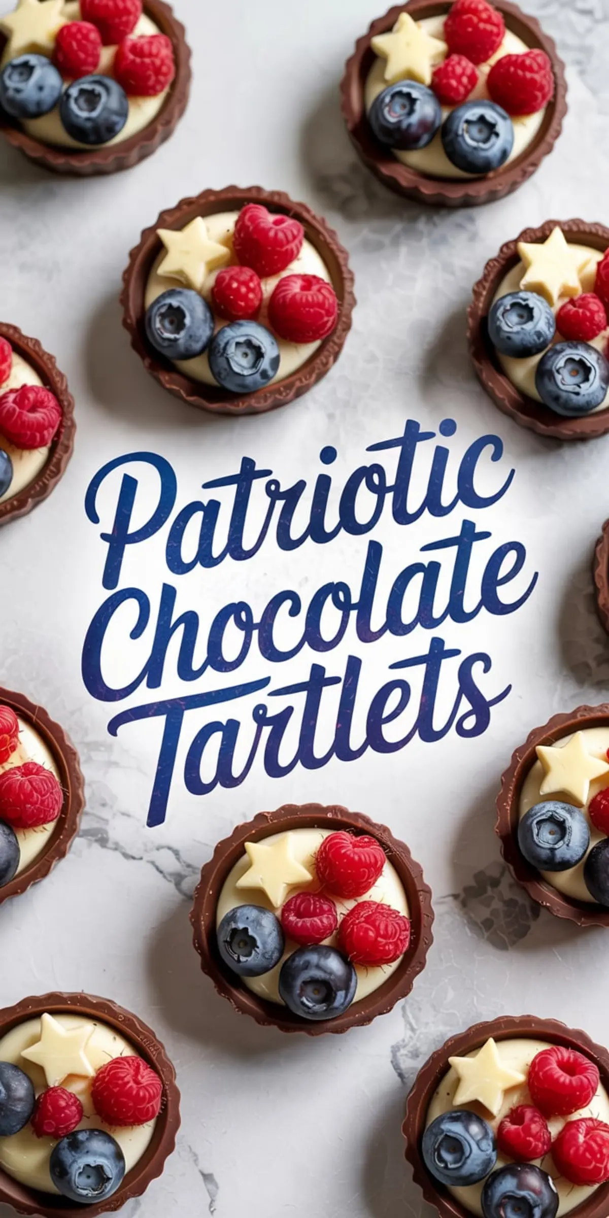 Overhead and close-up views of patriotic chocolate tartlets with chocolate shells, vanilla cream filling, fresh raspberries, blueberries, and white chocolate stars, arranged with American flag-themed decor on a marble surface.