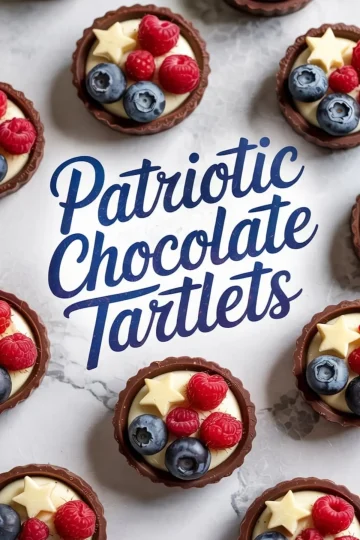 Overhead display of chocolate tartlets with vanilla filling, raspberries, blueberries, and star-shaped white chocolate, encircling a central “Patriotic Chocolate Tartlets” text design on marble.