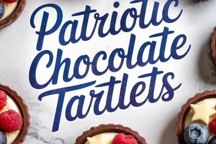 Overhead display of chocolate tartlets with vanilla filling, raspberries, blueberries, and star-shaped white chocolate, encircling a central “Patriotic Chocolate Tartlets” text design on marble.