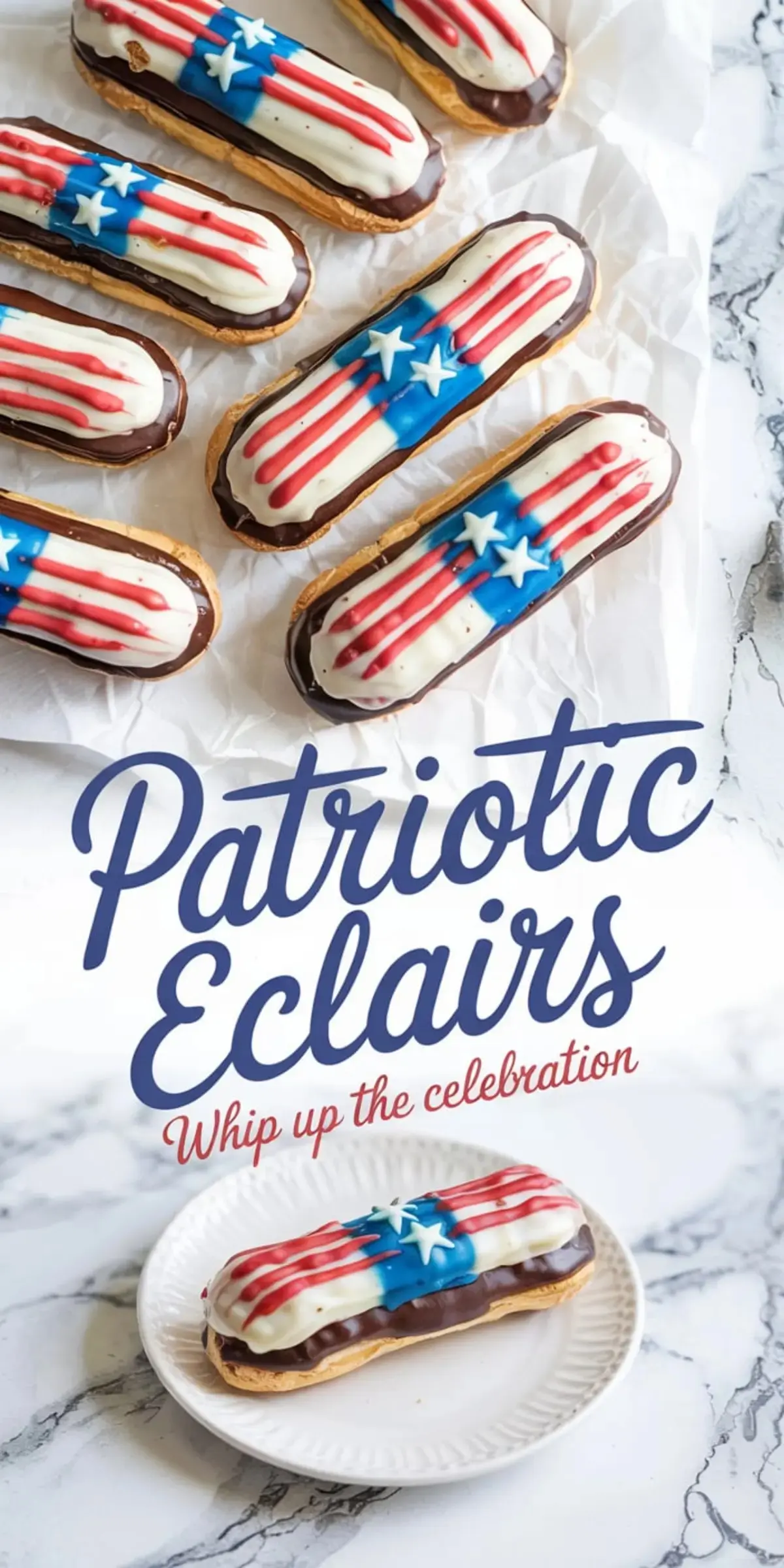 Collage showing patriotic éclairs decorated with red and white stripes and blue star patterns on chocolate-dipped pastries, arranged on parchment and served on a white plate for an Independence Day dessert celebration.
