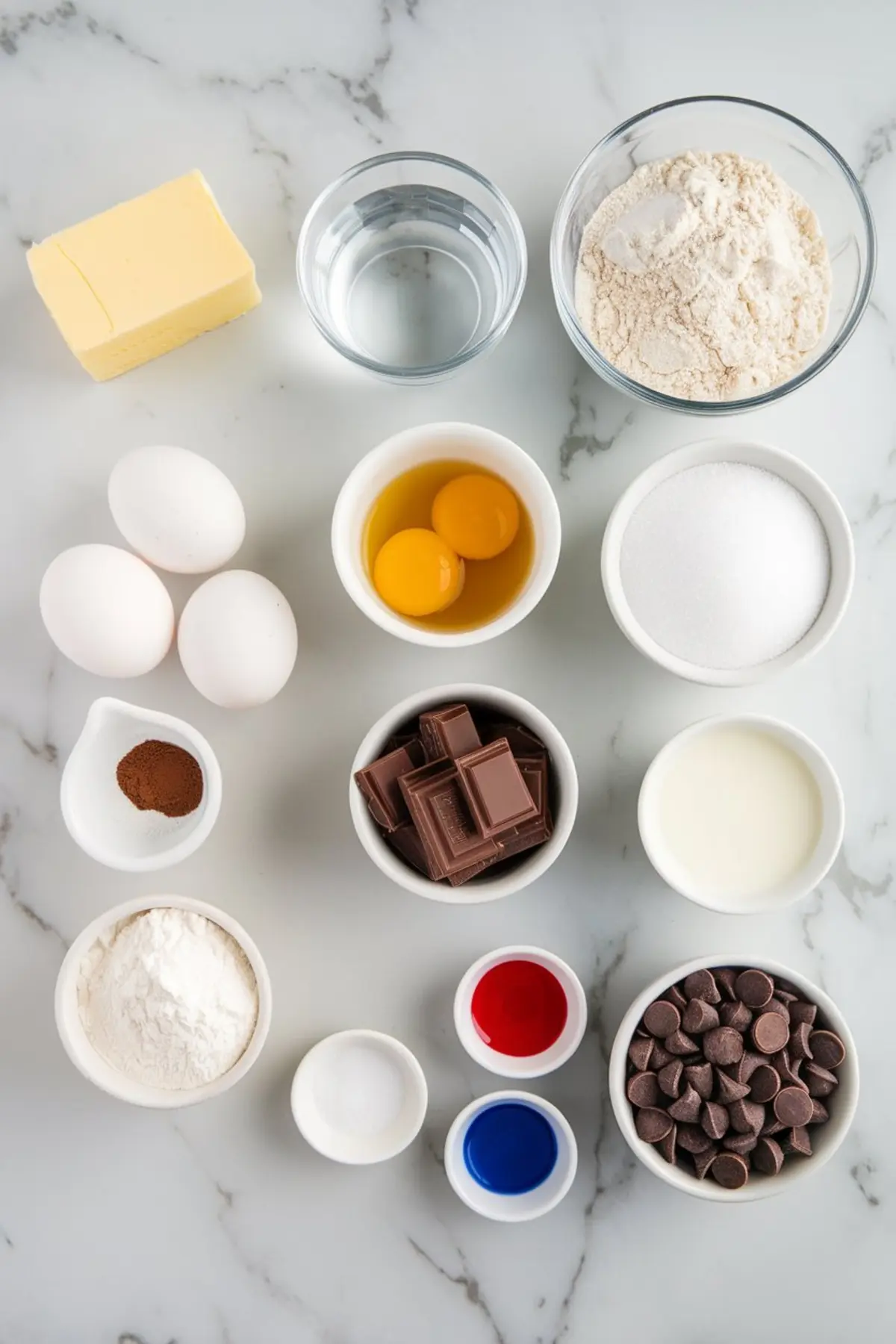 Flat lay of baking ingredients on a marble surface, including butter, water, flour, sugar, cocoa powder, eggs, chocolate bars, heavy cream, and red and blue food coloring for making éclairs.

