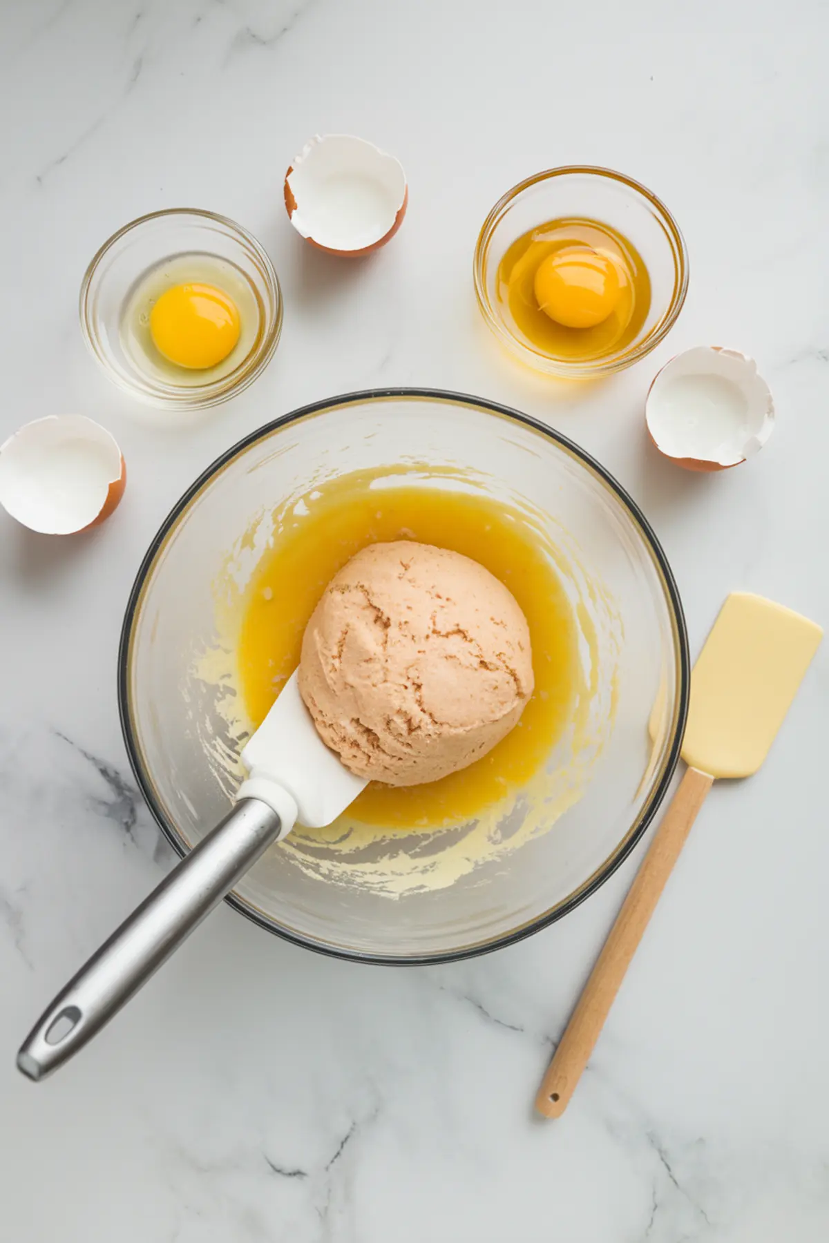 Mixing bowl containing choux pastry dough with cracked eggs in glass bowls and empty eggshells scattered around, staged on a marble surface with a yellow spatula nearby.
