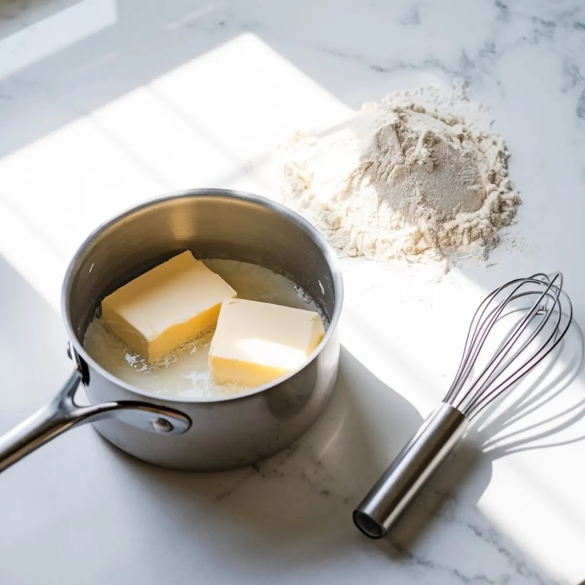 Stainless steel saucepan with melting butter next to a pile of flour and a wire whisk, all illuminated by natural sunlight on a bright marble kitchen counter, preparing for pastry dough.
