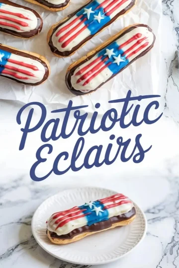 Patriotic-themed éclairs decorated with American flag designs using red, white, and blue icing and sugar stars, displayed on crinkled parchment paper and a white plate over a marble background, promoting festive Fourth of July desserts.