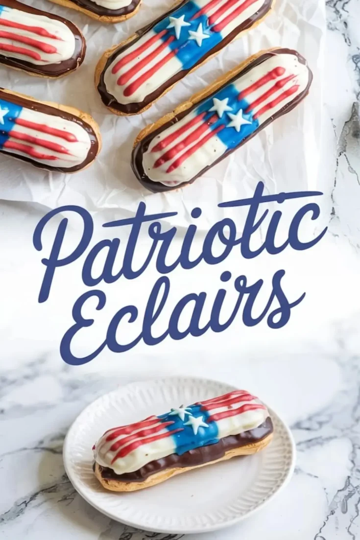 Patriotic-themed éclairs decorated with American flag designs using red, white, and blue icing and sugar stars, displayed on crinkled parchment paper and a white plate over a marble background, promoting festive Fourth of July desserts.