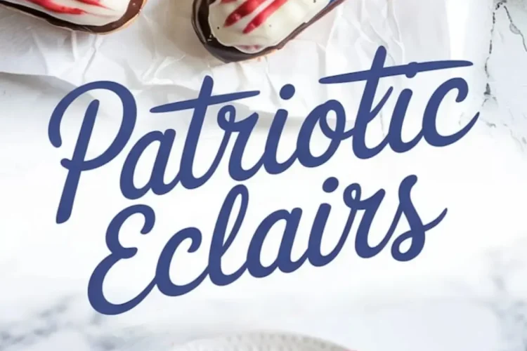 Patriotic-themed éclairs decorated with American flag designs using red, white, and blue icing and sugar stars, displayed on crinkled parchment paper and a white plate over a marble background, promoting festive Fourth of July desserts.