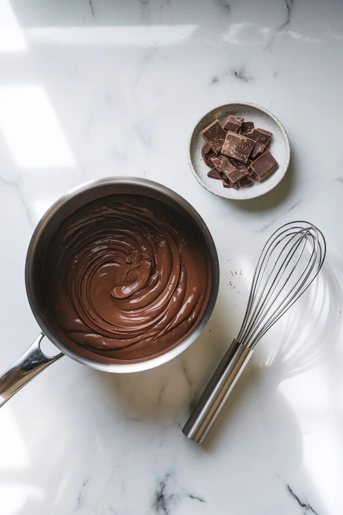 Silky smooth chocolate pastry cream swirled in a stainless steel saucepan next to a small bowl of chopped chocolate and a metal whisk on a bright marble countertop.
