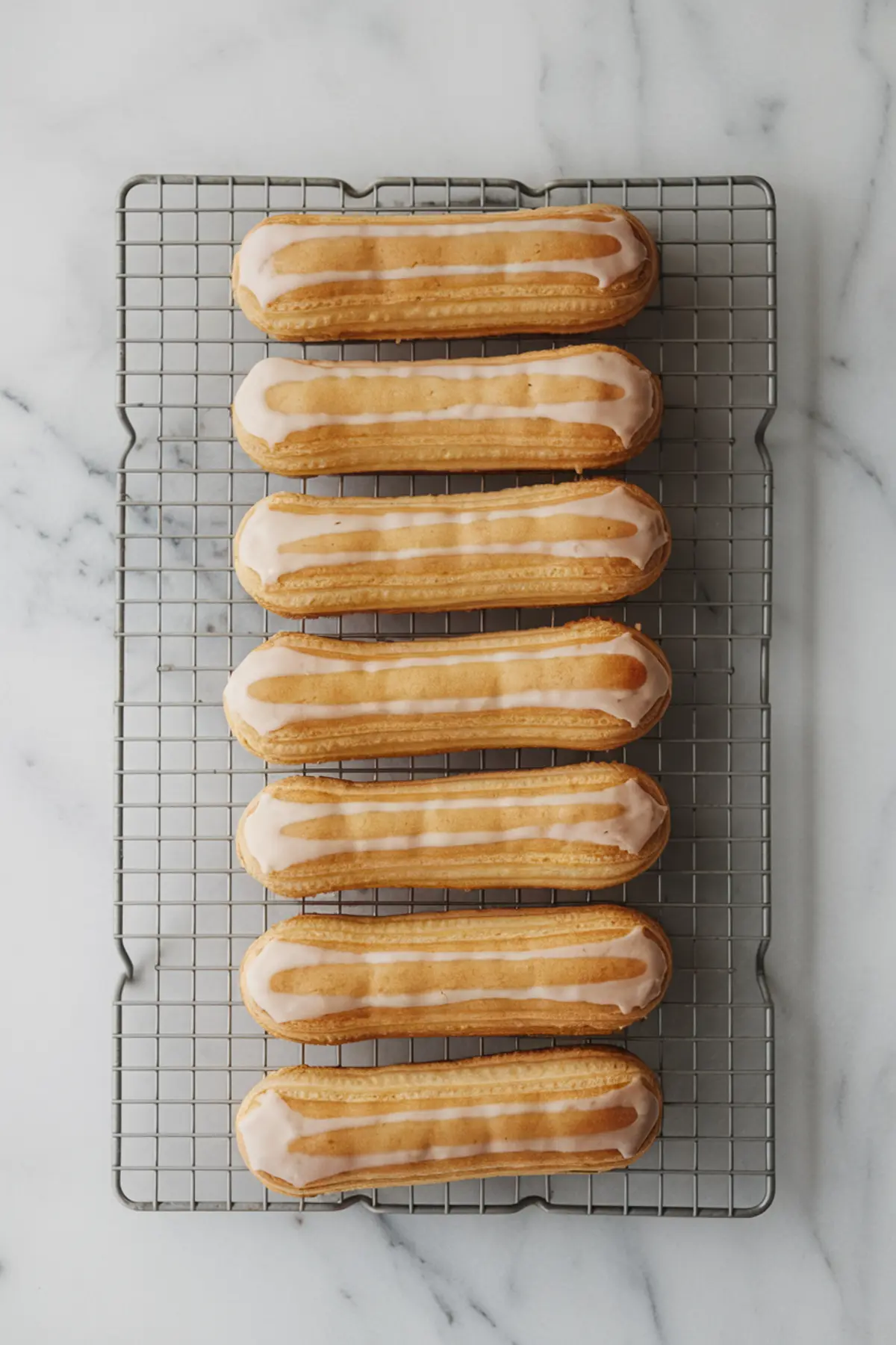Golden brown éclairs with a shiny vanilla glaze lined up neatly on a cooling rack over a marble surface, showcasing a classic French pastry presentation.
